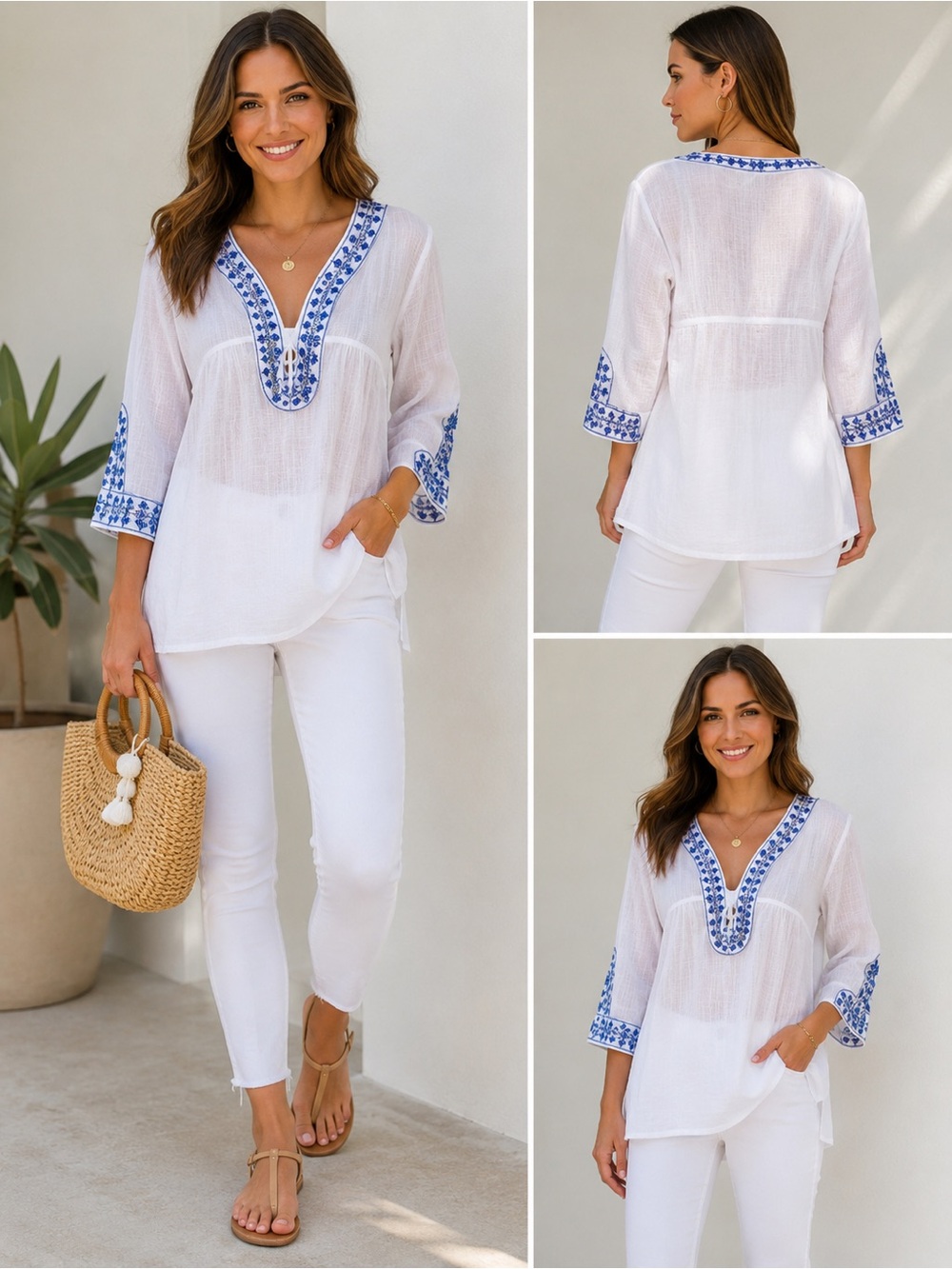 Debbie Katz White Blue Embroidered Sheer Tunic‎ Cover-Up Boho Beach Medium